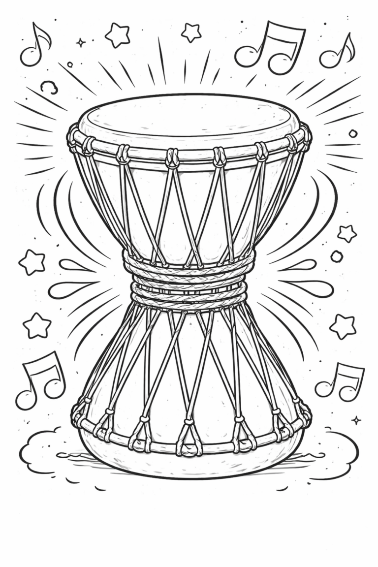 A children's coloring page showing a detailed musical drum surrounded by music notes and stars, encouraging creative expression and musical interest.