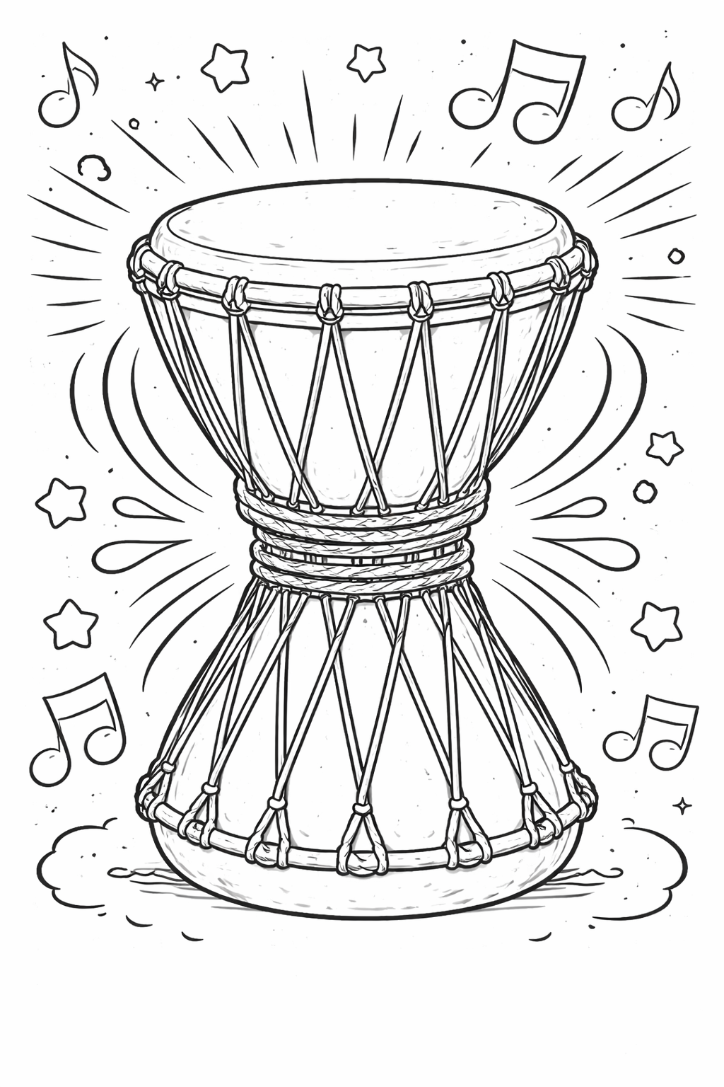 A children's coloring page showing a detailed musical drum surrounded by music notes and stars, encouraging creative expression and musical interest.