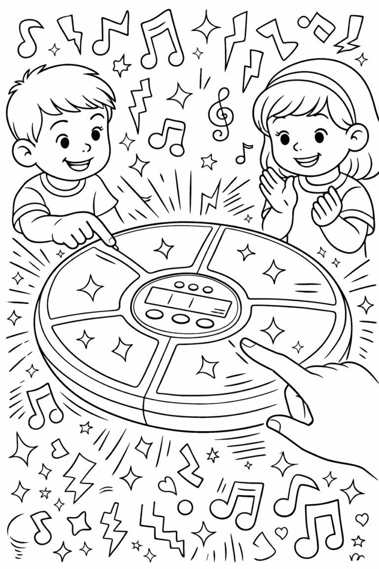 A cheerful coloring page showing two children engaged with a round musical game, surrounded by fun musical notes and stars, offering a fun and interactive experience for young artists.