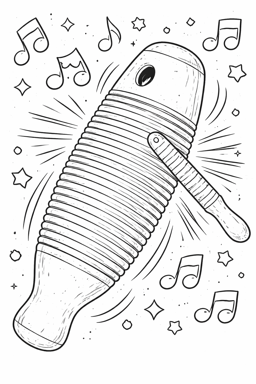 Color a guiro musical instrument surrounded by musical notes and stars. This dynamic scene encourages kids to explore colors while learning about music. Ideal for young artists keen on musical fun.