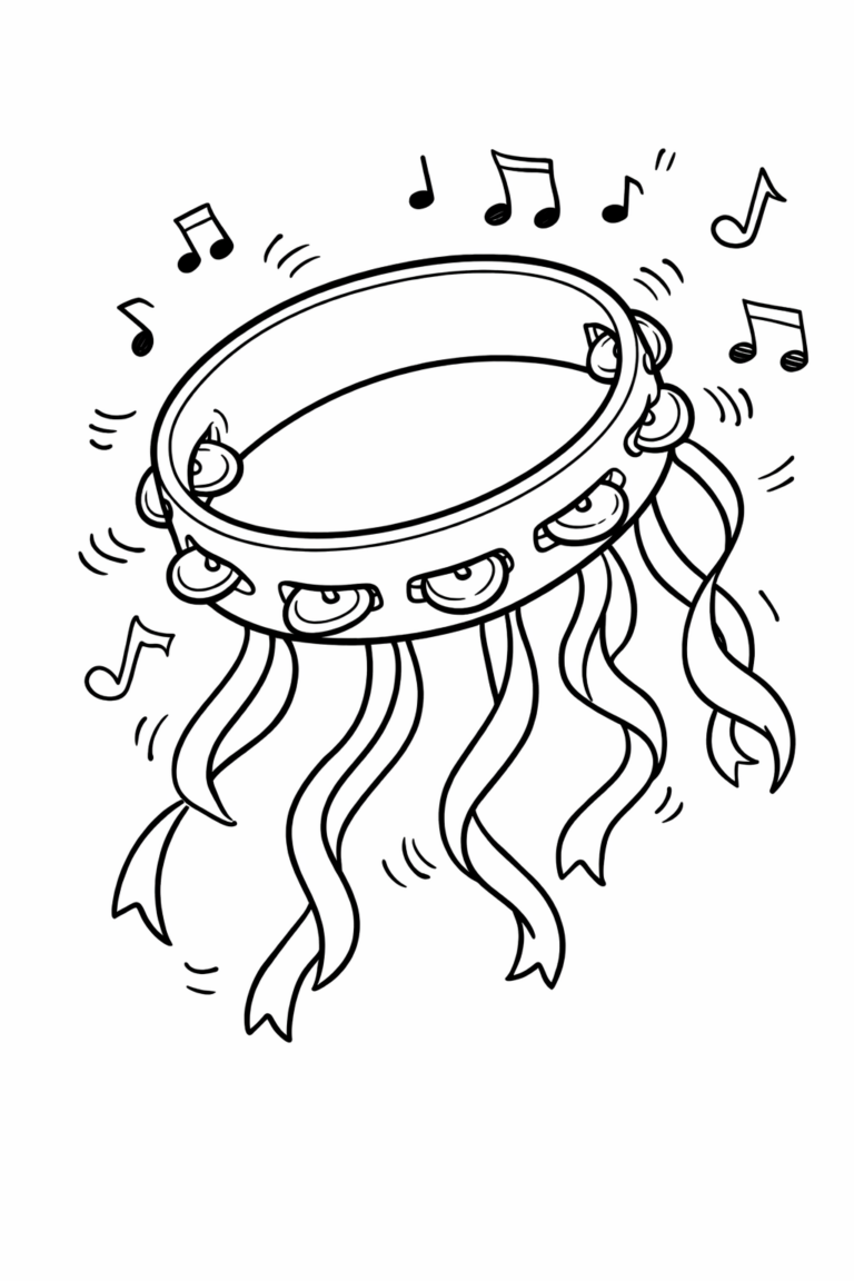 A children's coloring page of a tambourine with flowing ribbons and musical notes, offering a creative way to engage with music and artistry.