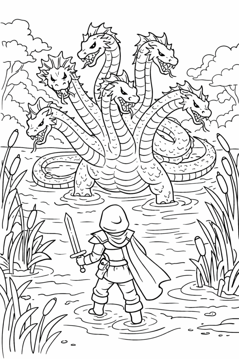 A coloring page depicting a knight facing a multi-headed hydra in a watery landscape, inviting children to bring the dramatic scene to life with colors.