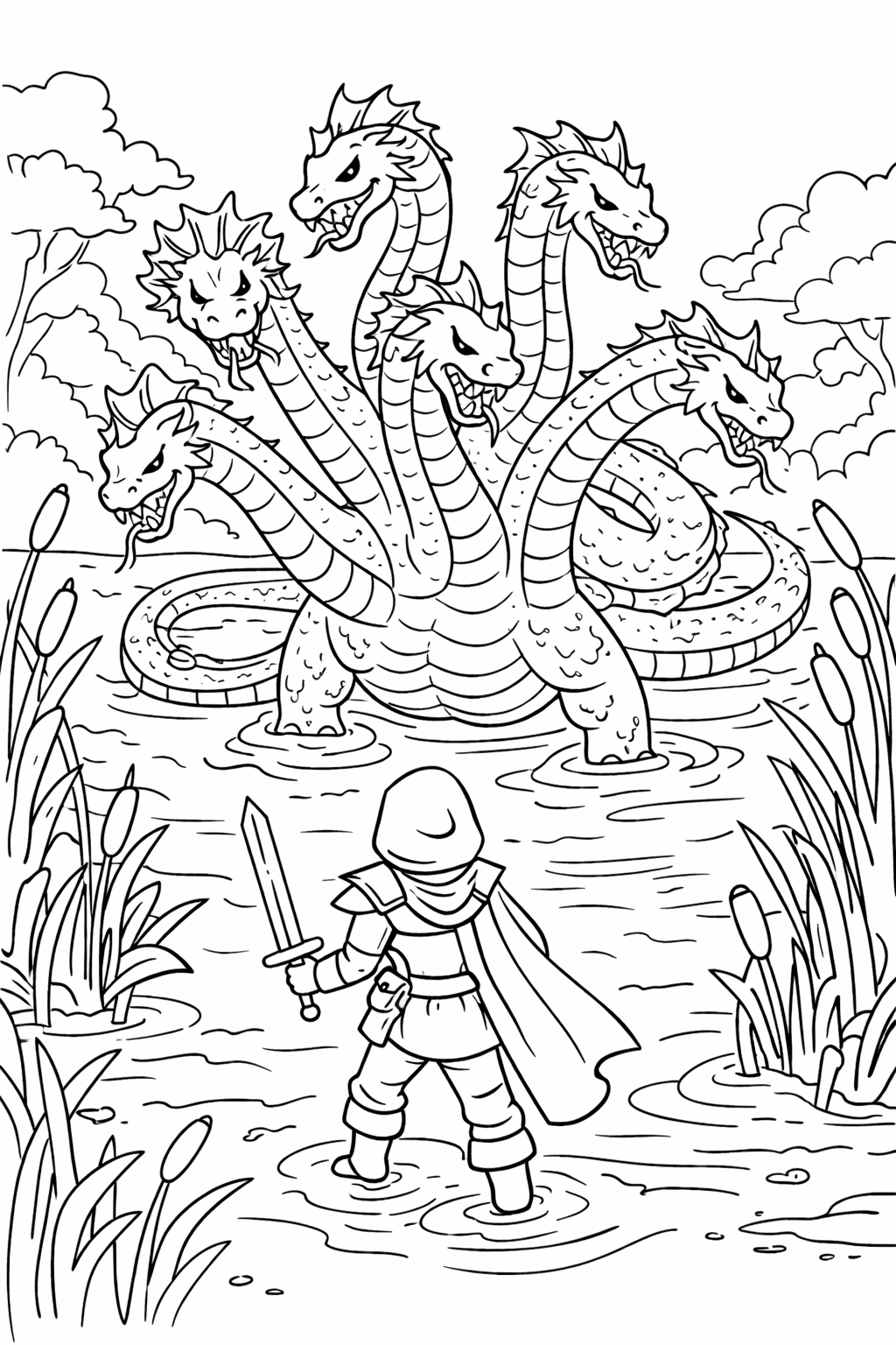 A coloring page depicting a knight facing a multi-headed hydra in a watery landscape, inviting children to bring the dramatic scene to life with colors.