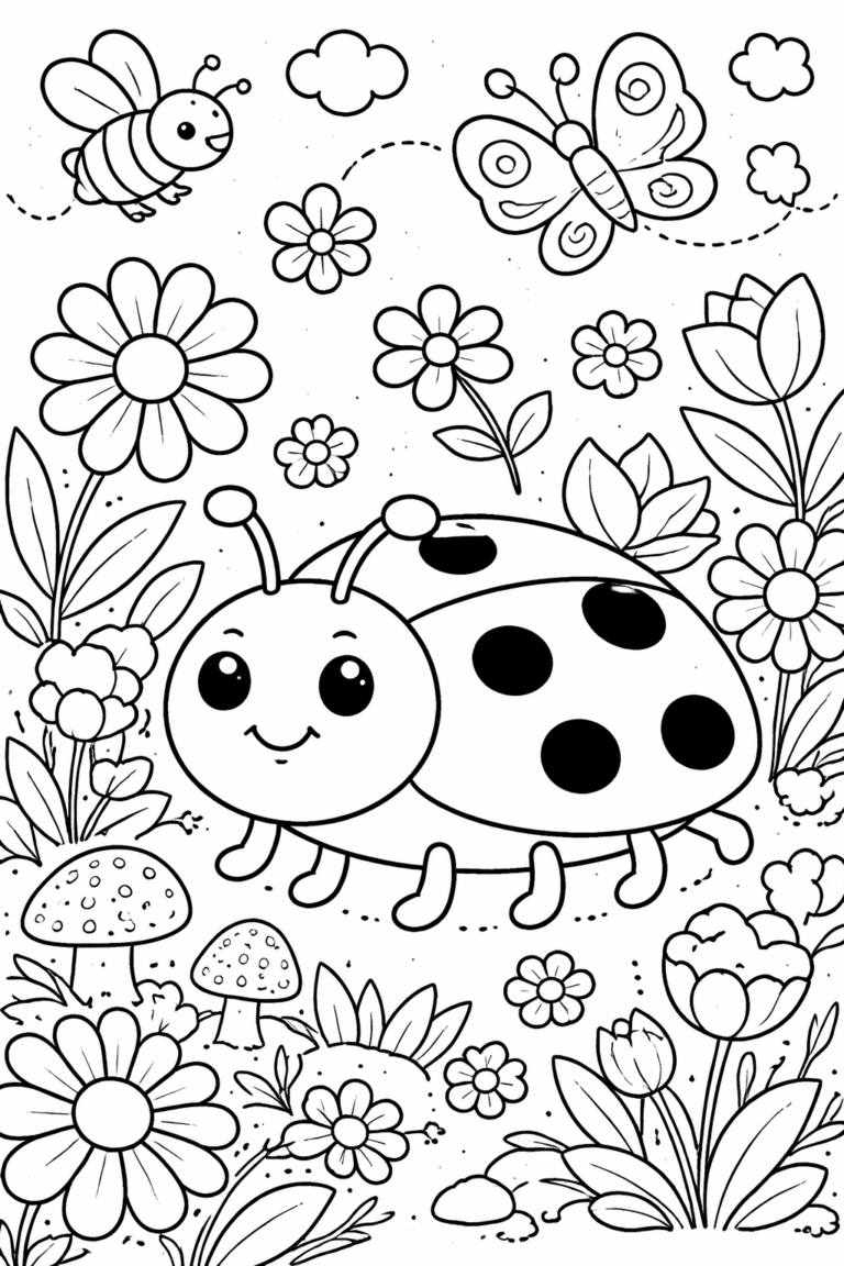 A delightful coloring page featuring a cheerful ladybug, busy bee, and graceful butterfly among vibrant flowers and mushrooms. Designed for children's creativity, this nature-themed scene offers an engaging and educational coloring experience, perfect for young nature enthusiasts.