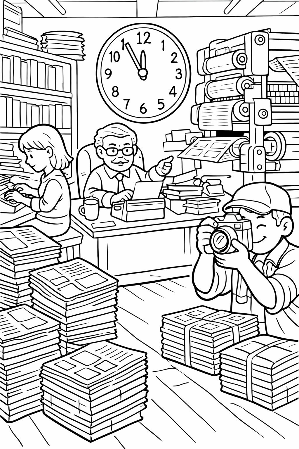 Detailed coloring page of a newspaper office with reporters, a photographer, and printing presses. Children can enjoy coloring various elements like the clock, desks, and stacks of newspapers.