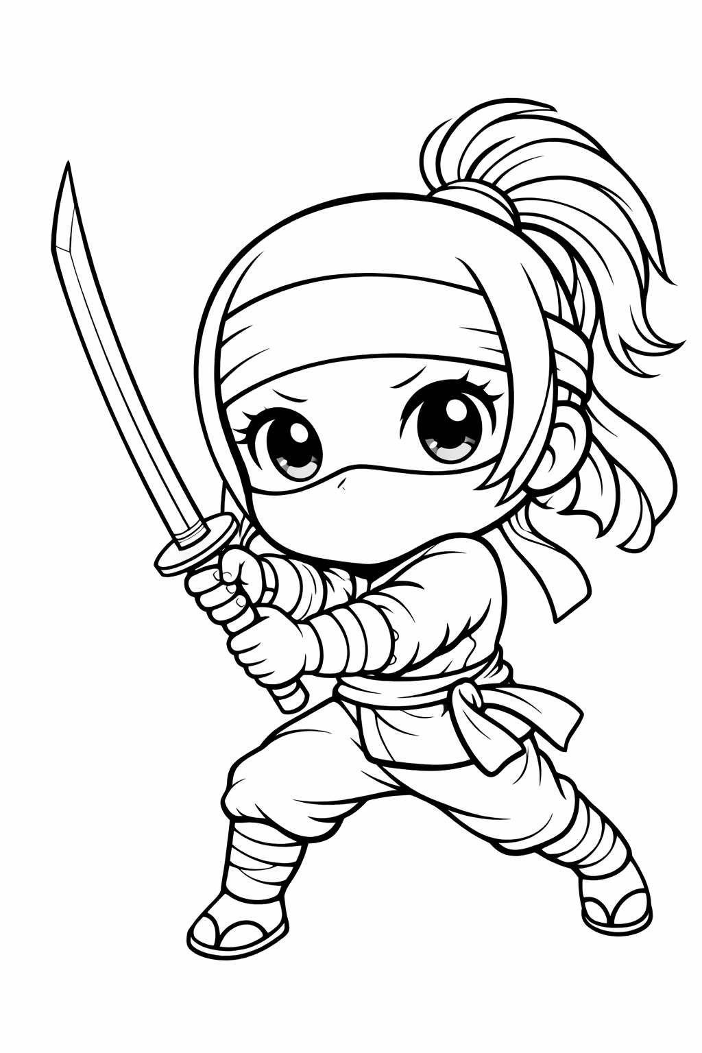 A fun ninja coloring page showing a cute ninja in an action pose, holding a sword and wearing traditional attire. The simple outline design is perfect for kids who love creative activities and enjoy bringing images to life with color.