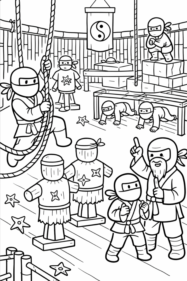 Children's coloring page of a dojo with young ninjas practicing their skills. The scene has various training activities including rope climbing, star throwing, and ninjas learning from their master.