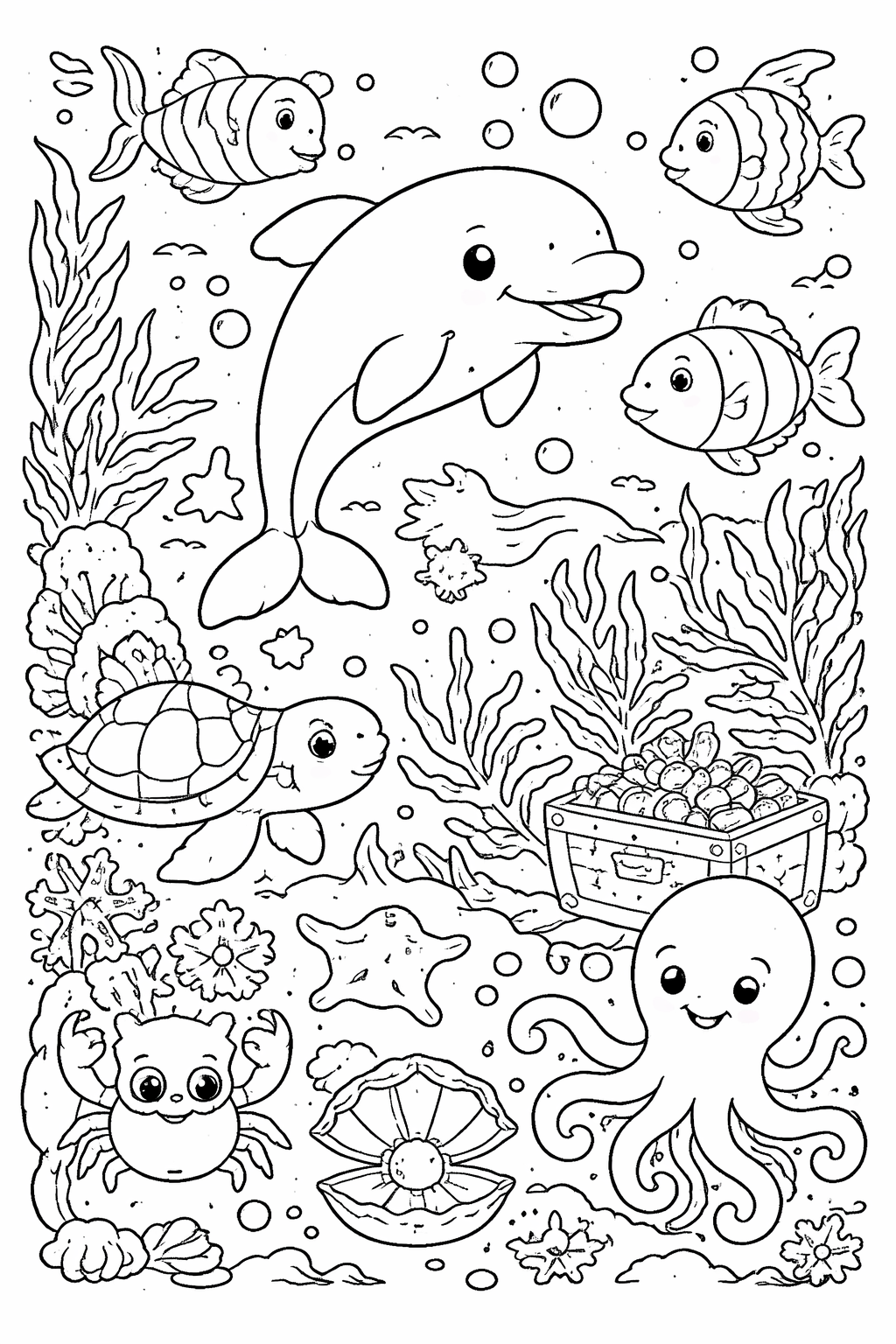 Coloring page of ocean animals with a dolphin, fish, turtle, octopus, treasure chest, seaweed, and coral. Perfect for kids to explore creativity and learn about marine life.