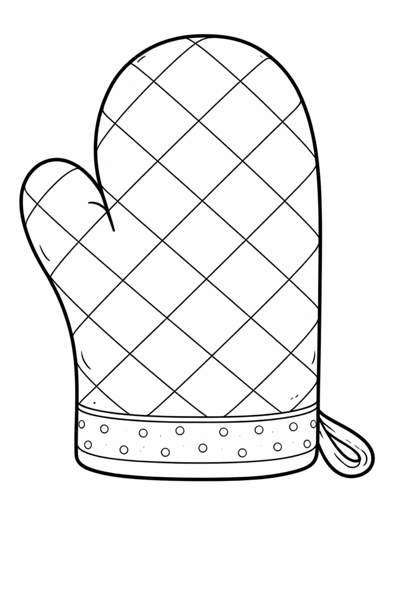 A detailed coloring page of a quilted oven mitt with a dotted band for children to color and enjoy as a creative activity.