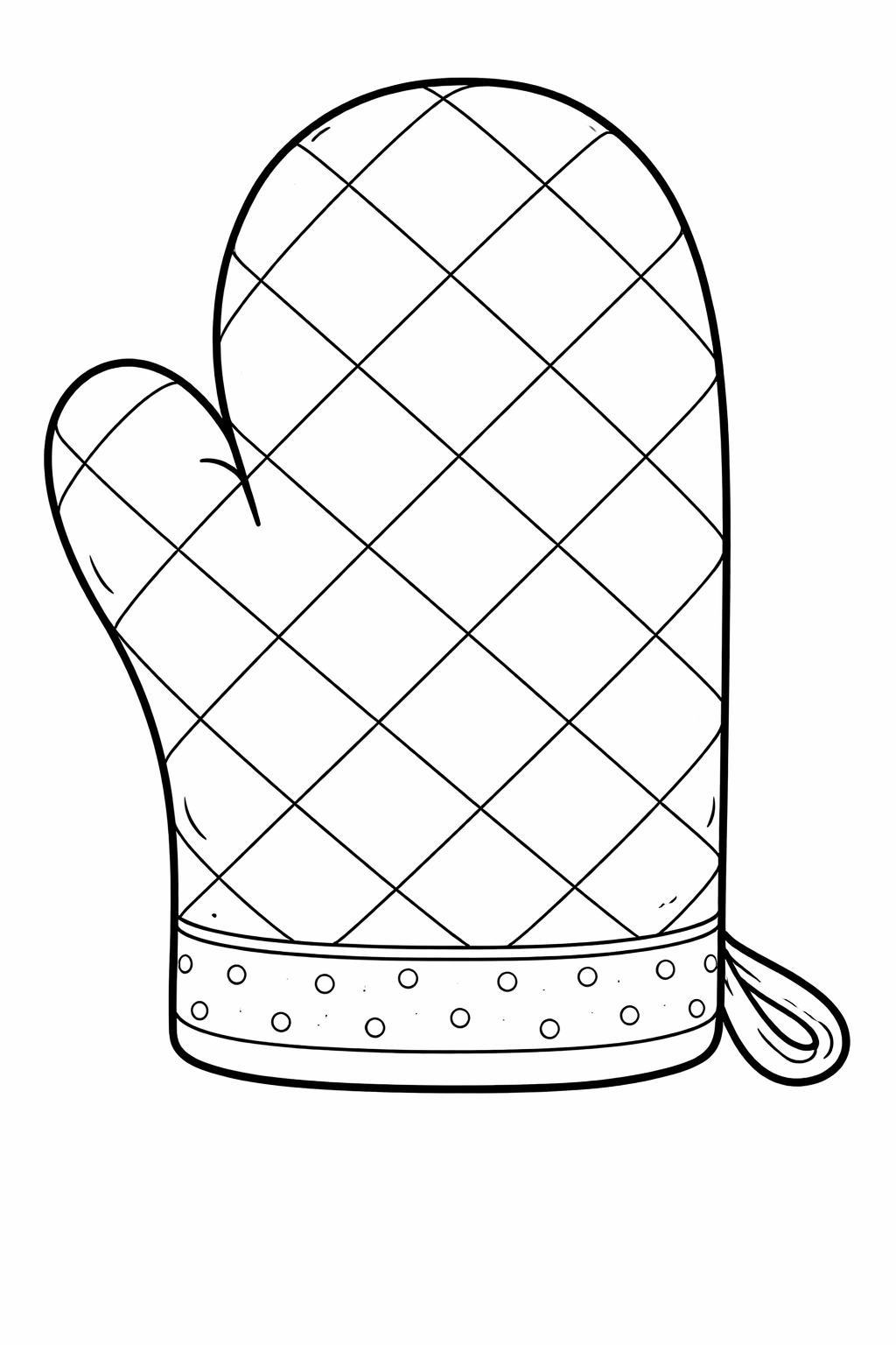 A detailed coloring page of a quilted oven mitt with a dotted band for children to color and enjoy as a creative activity.