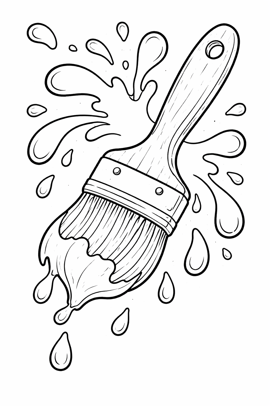 A coloring page depicting a paint brush in motion with splashes emanating from it, inviting children to color the vibrant scene with their imagination and creativity.
