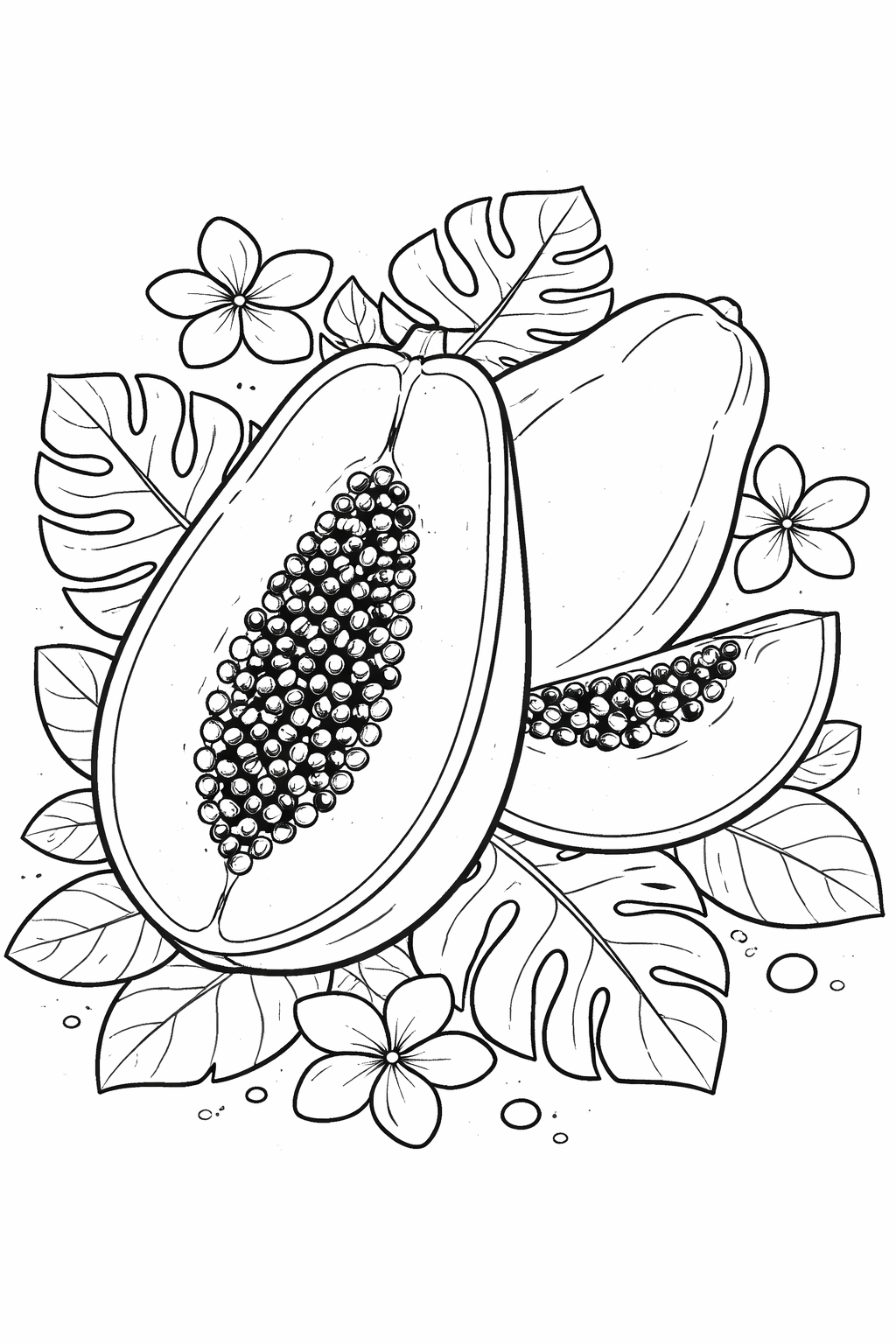 A detailed papaya coloring page featuring ripe papayas with seeds, surrounded by leafy foliage and tropical flowers, offering children the opportunity to explore coloring with tropical fruit themes and intricate patterns.