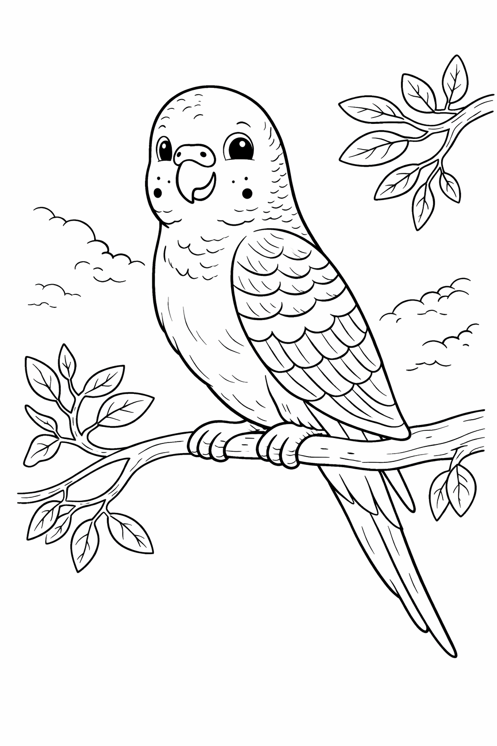 A delightful parrot sits on a leafy branch, surrounded by fluffy clouds—an engaging coloring page designed for children to enjoy and color, enhancing their creativity and artistic skills.