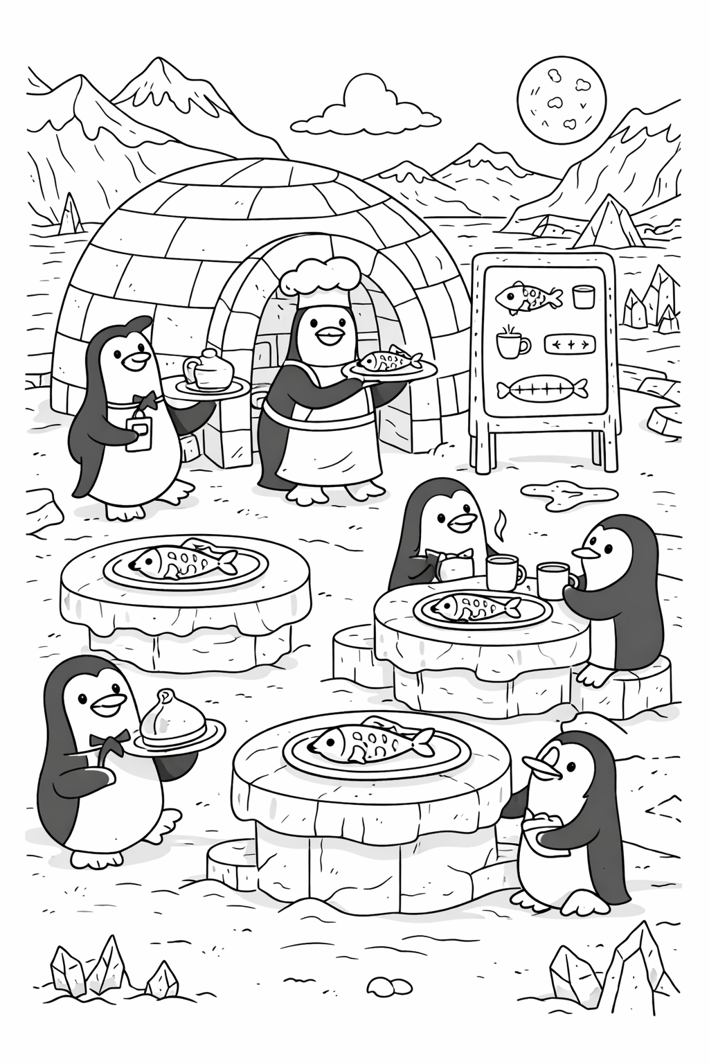 Children's coloring page with penguins dining at an icy cafe. The scene includes an igloo background with penguins serving and eating fish dishes, inviting coloring creativity.