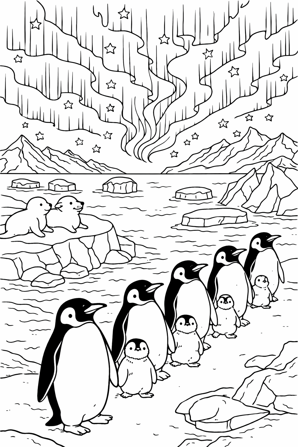 A group of penguins in Antarctica under a starry sky with icebergs and a mesmerizing aurora. The illustration invites children to color and explore the enchanting icy world. This page is perfect for young artists who love animals and nature.