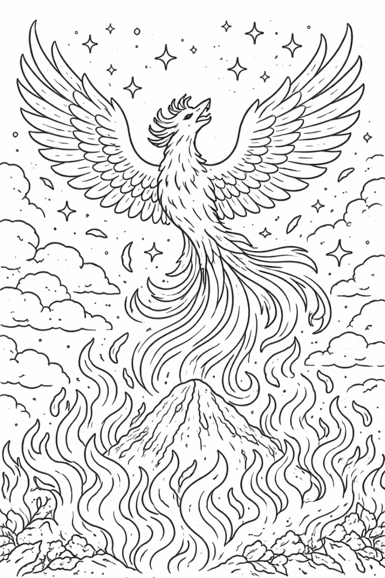 A mythical phoenix soaring with outstretched wings, amidst swirling flames and stars, captured in a detailed coloring page design for children.