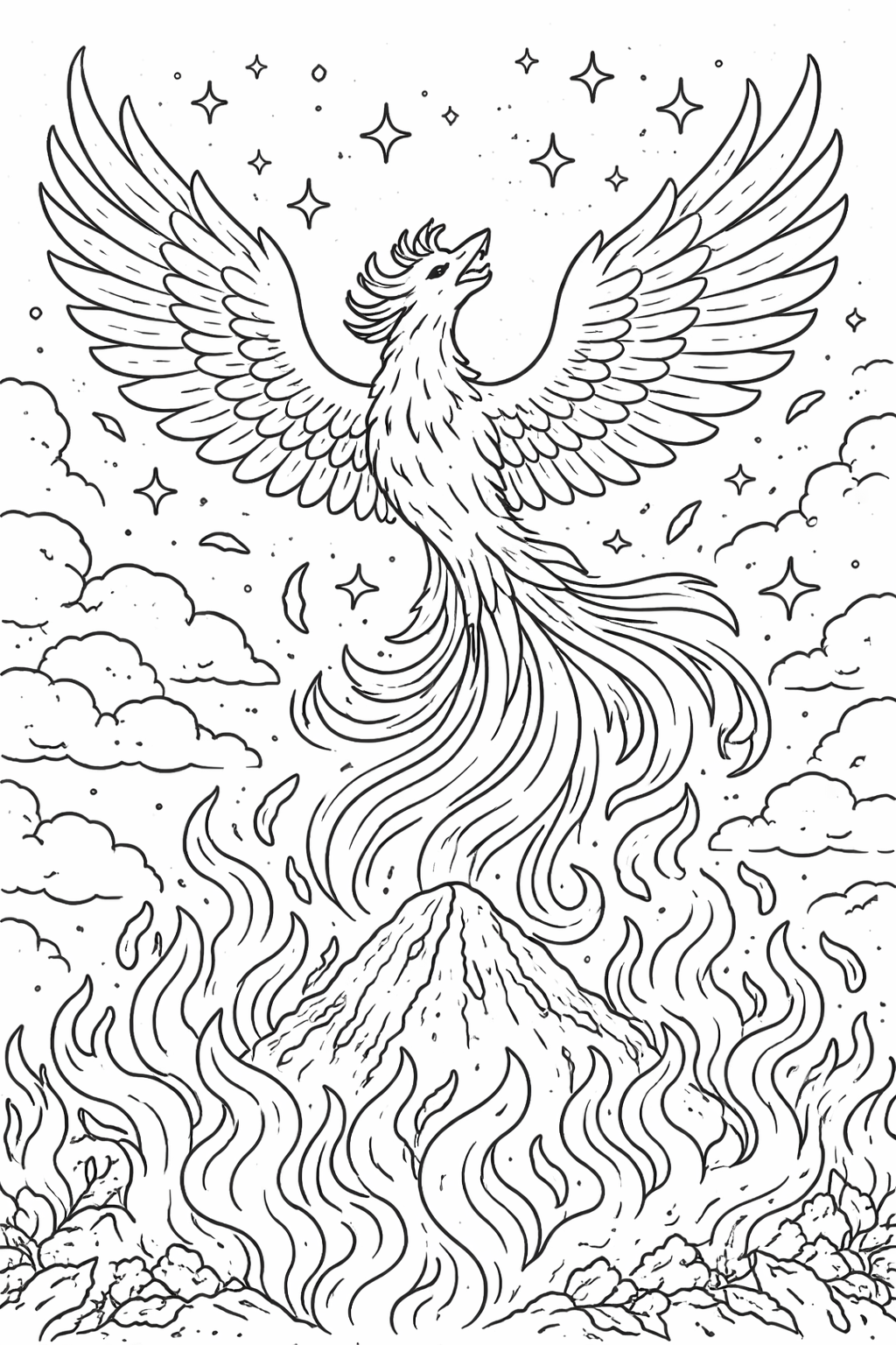 A mythical phoenix soaring with outstretched wings, amidst swirling flames and stars, captured in a detailed coloring page design for children.