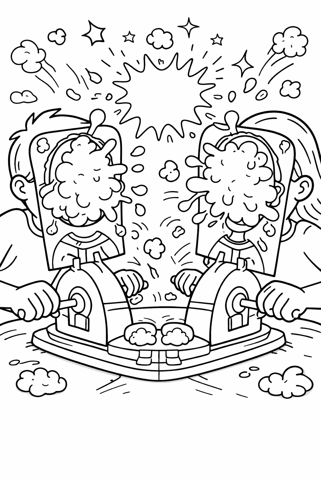 Children enjoying a pie face game, with pies splattering across their faces in a burst of laughter and fun, perfect for a colorful and entertaining coloring activity.