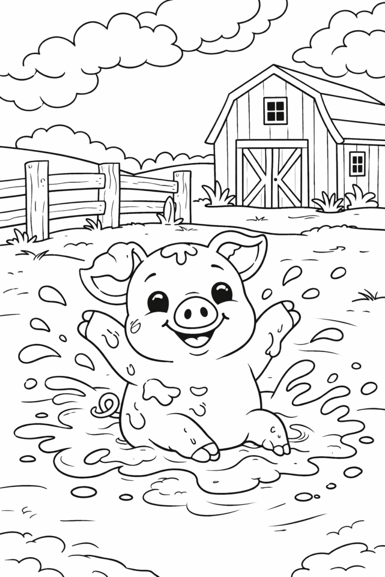 Cheerful piglet splashing in a muddy puddle on a farm with a barn in the background. Kids will enjoy coloring this engaging farm scene featuring various elements like a fence, barn, and clouds.