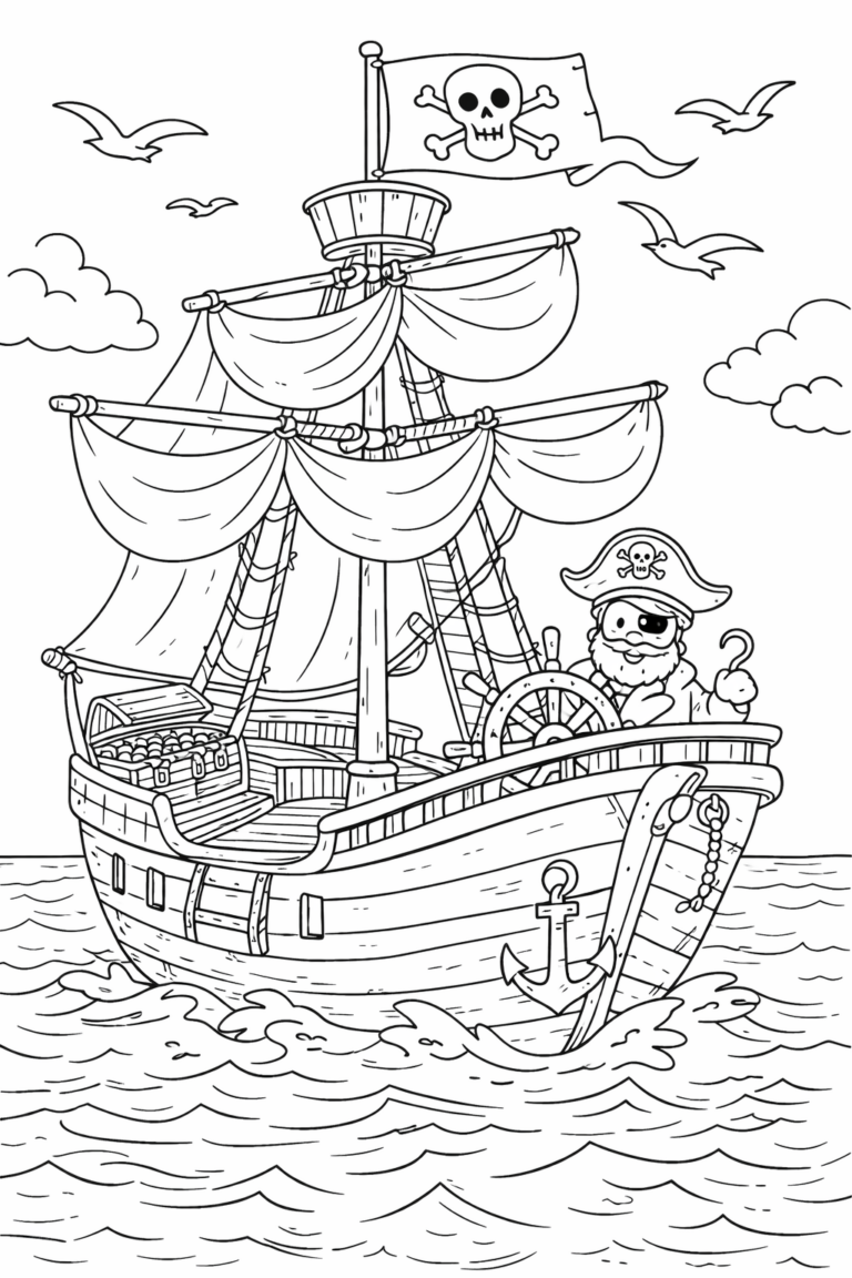 A detailed pirate ship on the ocean waves. Includes a pirate with a hook hand steering the ship surrounded by sails and a Jolly Roger. Seagulls and clouds decorate the sky, adding more elements to color.