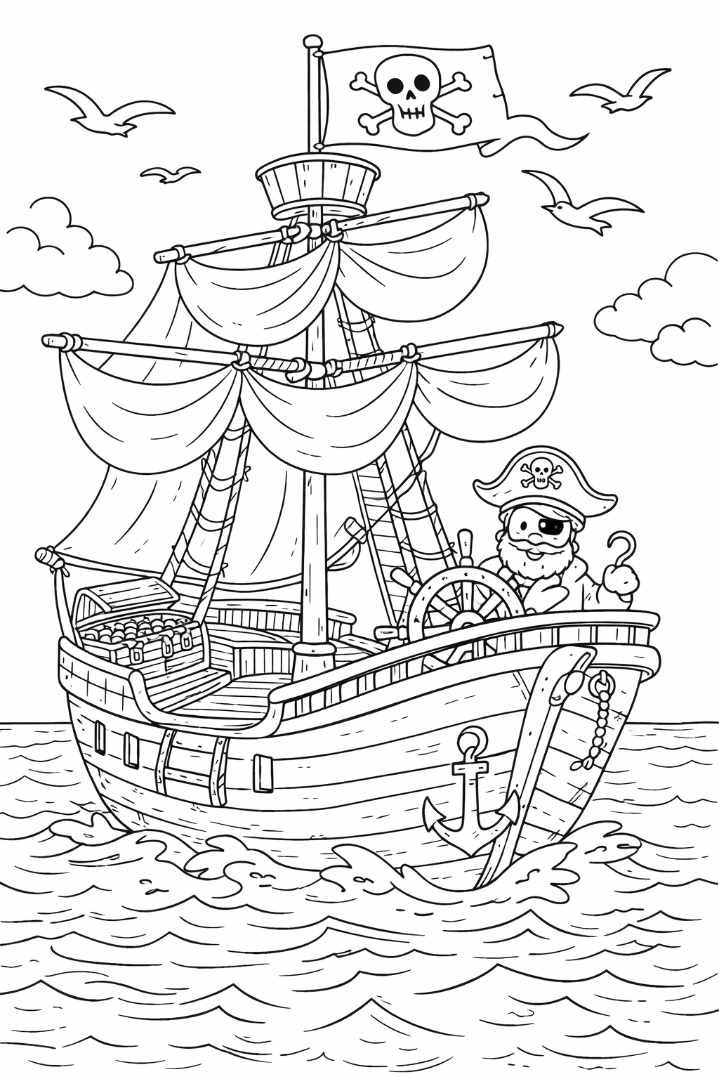 A detailed pirate ship on the ocean waves. Includes a pirate with a hook hand steering the ship surrounded by sails and a Jolly Roger. Seagulls and clouds decorate the sky, adding more elements to color.