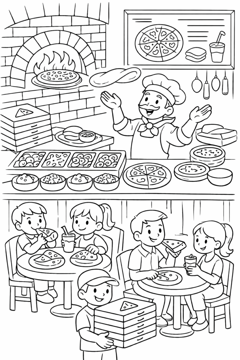 A vibrant coloring page showing a bustling pizza restaurant. A joyful chef bakes in a brick oven while families enjoy slices at their tables. The scene exudes warmth and camaraderie, inviting children to add bright, lively colors.
