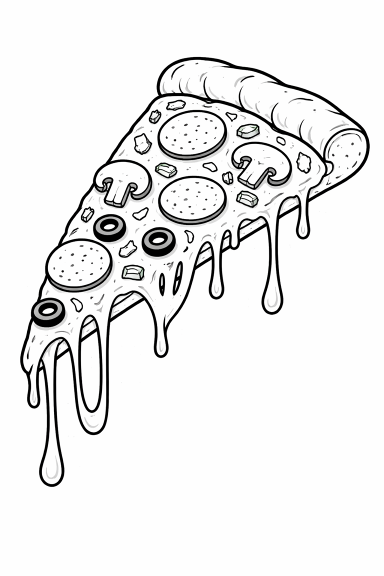 A detailed coloring page of a pizza slice with various toppings such as mushrooms, pepperoni, and olives. Children can enjoy bringing this tasty design to life with their favorite colors.