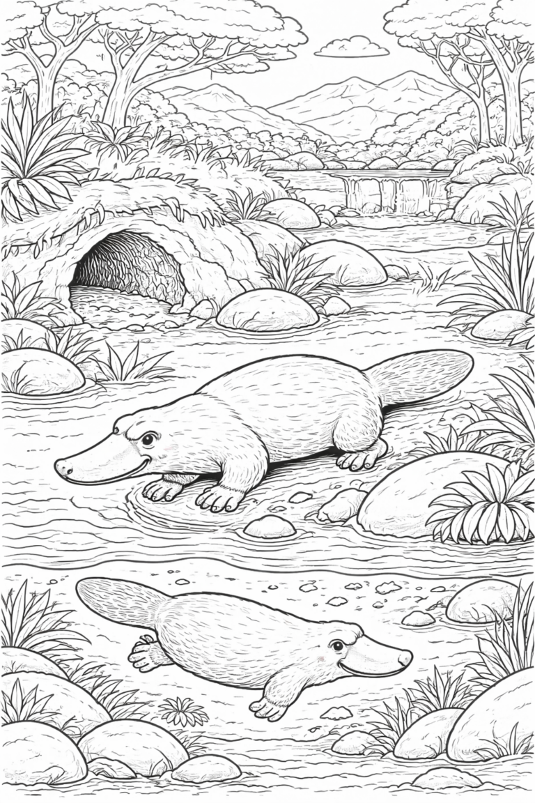 A detailed coloring page featuring a platypus in a natural setting complete with trees, rocks, and a river. Perfect for kids to explore and color the unusual animal in its habitat.