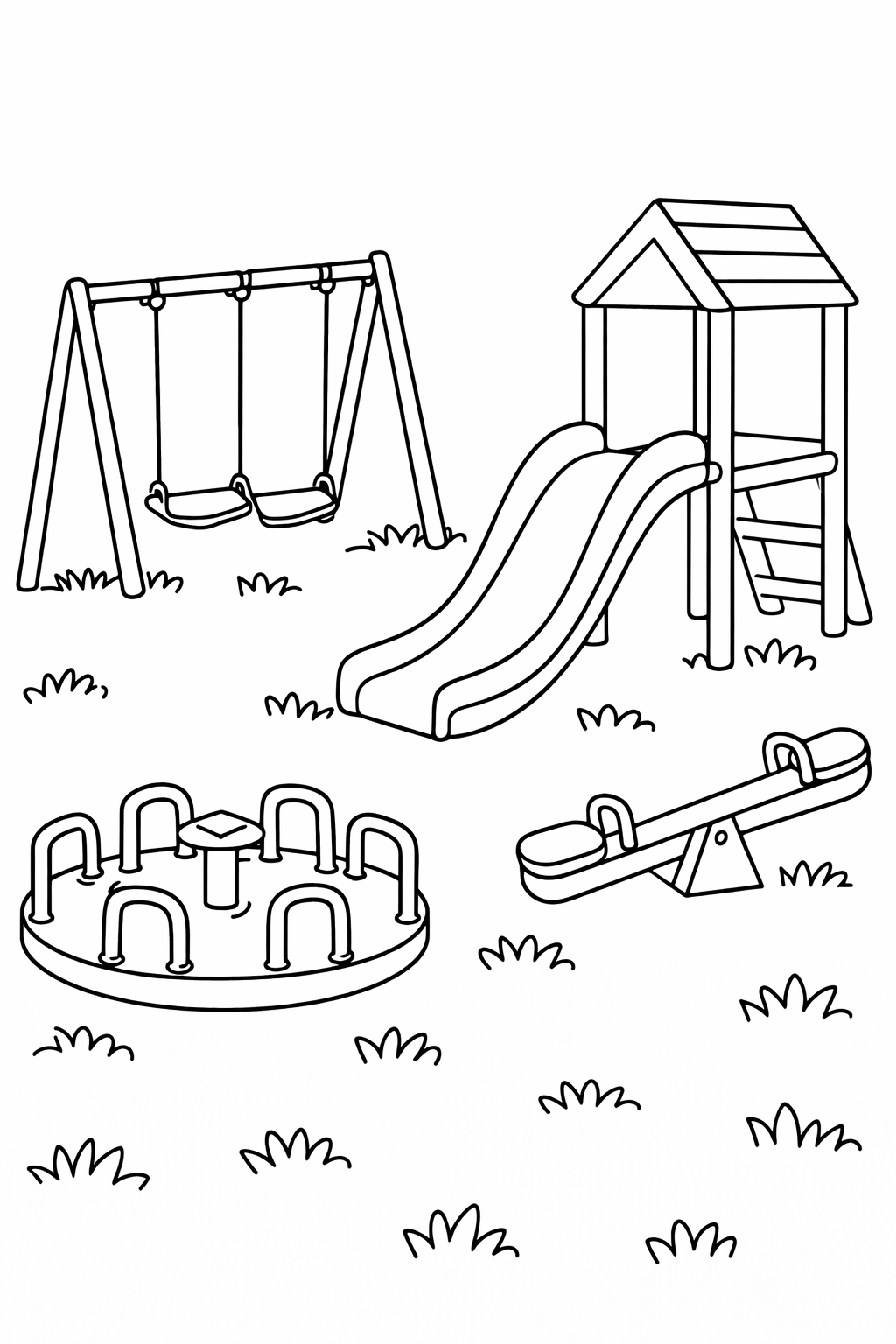 A children's coloring page depicting a playground with swings, a slide, a seesaw, and a merry-go-round surrounded by grassy patches for an engaging artistic activity.