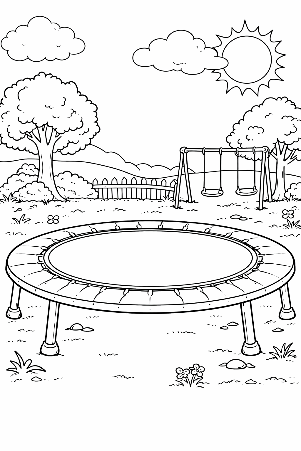 Coloring page of a sunny playground featuring a trampoline, swing set, trees, and background hills. An inviting scene for children to bring to life with their favorite colors and enjoy imaginative play.