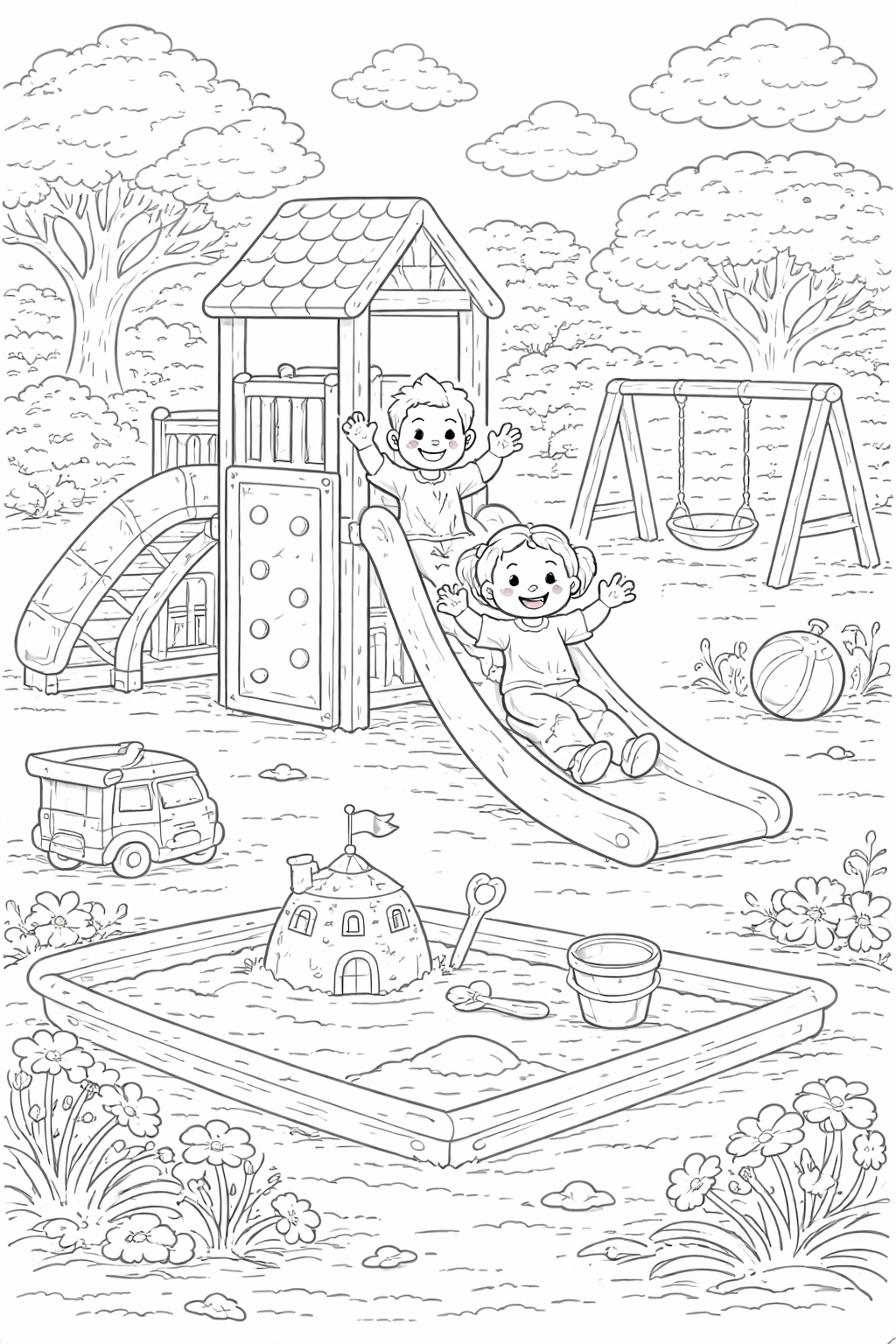 A delightful coloring page showing children enjoying a playground. They are playing on a slide with a swing, sandbox, and trees adding to the fun backdrop. Ideal for young kids to color and enjoy.