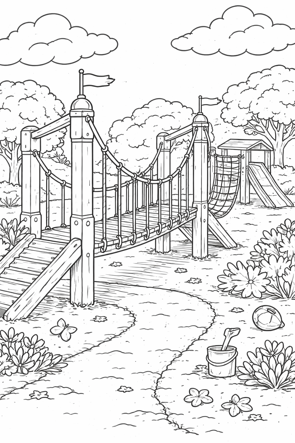 A delightful playground scene showing a bridge, slide, trees, clouds, and other fun elements for children to color.