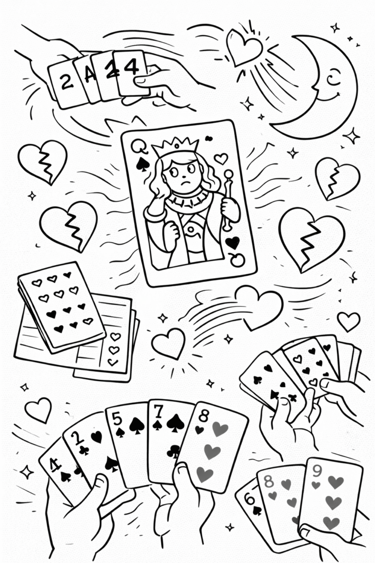 Coloring page featuring playing cards with a Queen and numeric cards. Decorated with hearts, spades, a smiling moon, and twinkling stars. Encourages creativity and offers a fun activity for children interested in games and art.