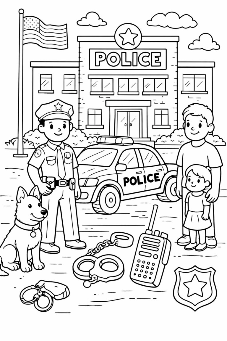 This children's coloring page depicts a police station with an officer, a family, and a police car. A dog sits beside the officer, and various police items are displayed. Kids will enjoy bringing this lively community scene to life with colors.