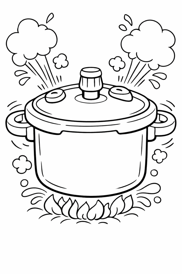 A pressure cooker emitting steam on a coloring page. It captures the essence of cooking, inviting children to explore the world of culinary arts through coloring.