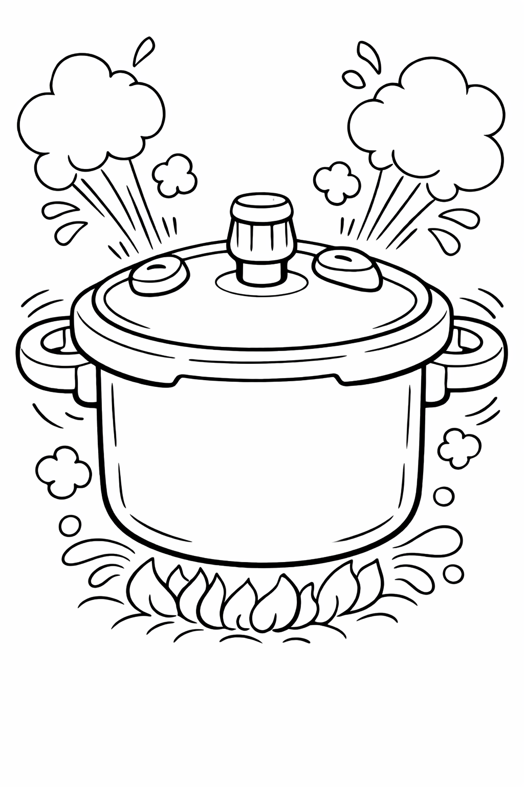 A pressure cooker emitting steam on a coloring page. It captures the essence of cooking, inviting children to explore the world of culinary arts through coloring.
