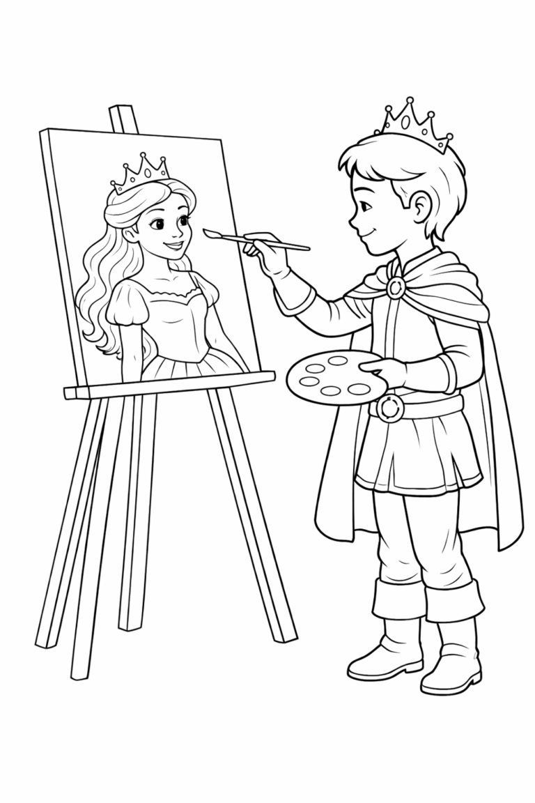 A charming scene with a prince wearing a crown painting a princess on an easel. The page allows children to color the prince, his palette, cape, and add life to the princess portrait.