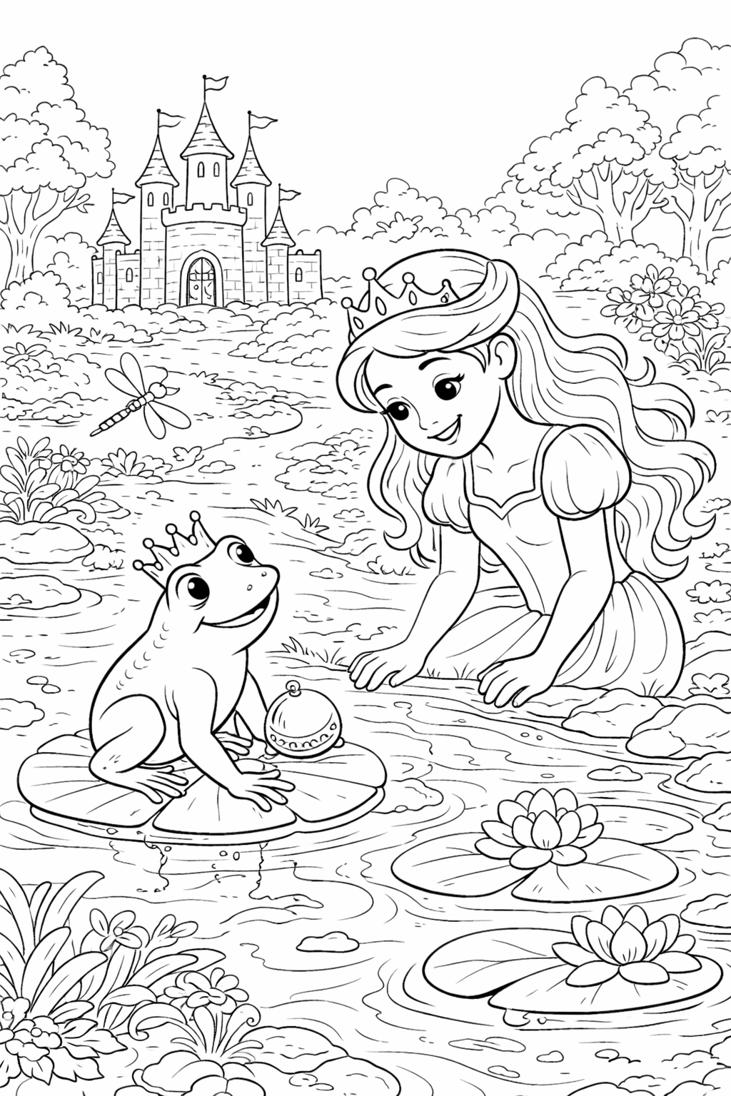 A young princess kneels by a pond interacting with a frog prince. In the background, a castle stands amidst lush greenery. The scene embodies classic fairy tale elements, engaging children's imagination as they add color.