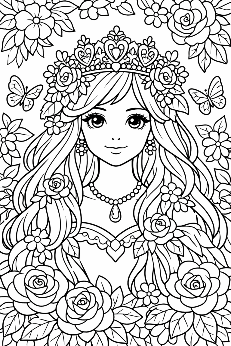 Detailed princess coloring page with a smiling princess adorned in flowers and butterflies surrounding her. Ideal for children who enjoy fairy tale themes and imaginative coloring activities.