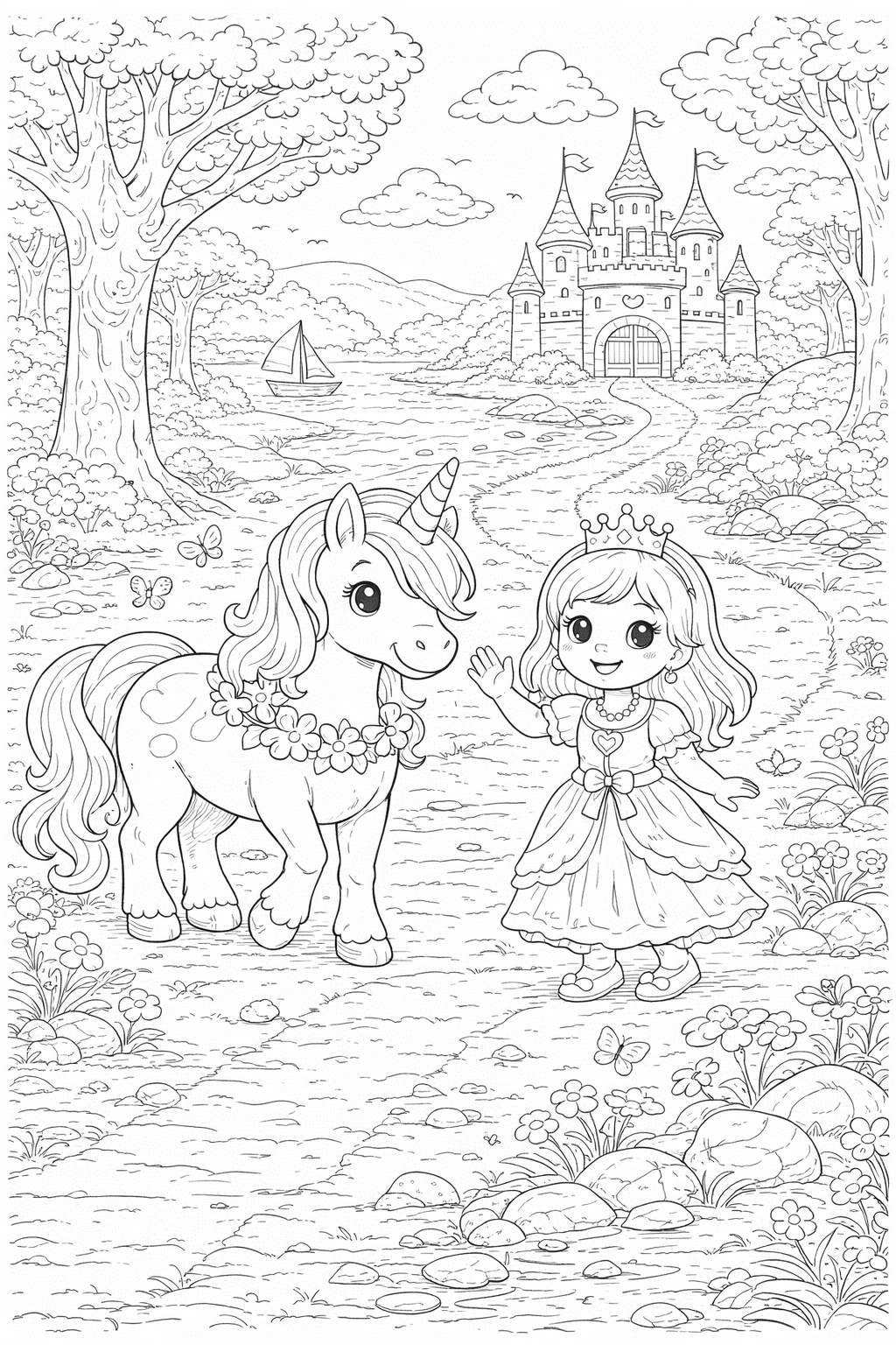A delightful coloring page of a princess and her unicorn in a forest, with a castle in the background. The scene is full of enchanting details, perfect for inspiring children's imaginations.