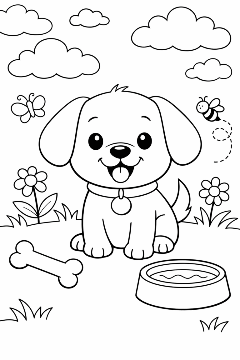 A joyful puppy on a children's coloring page with nature elements like flowers and a butterfly, perfect for creative coloring activity.