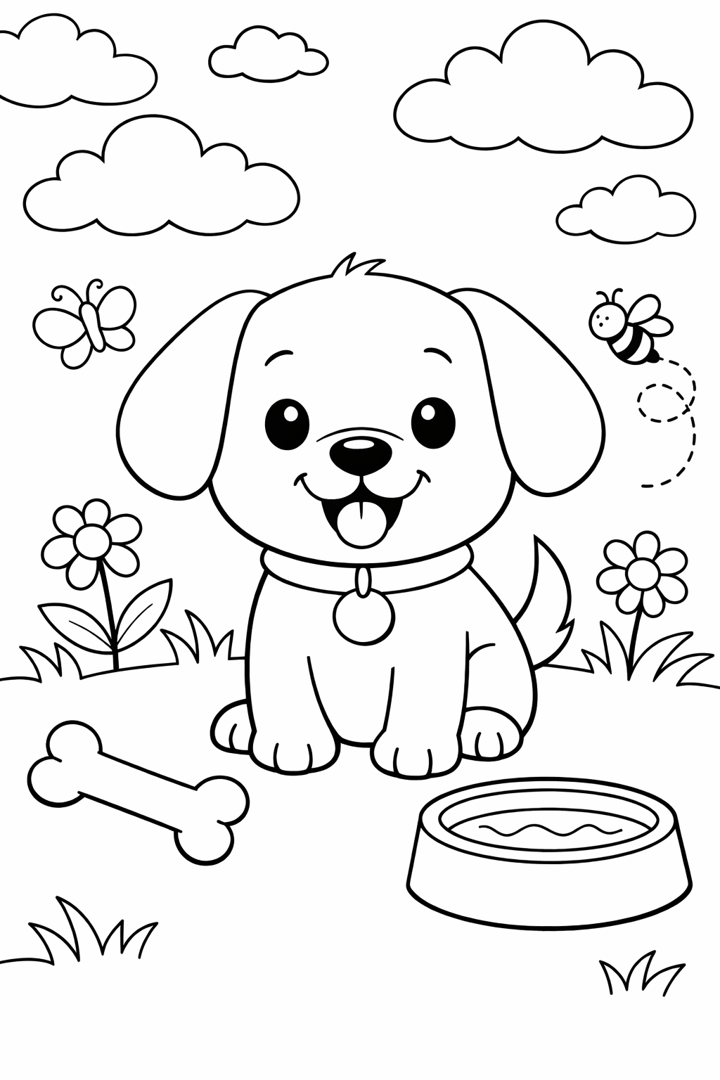 A joyful puppy on a children's coloring page with nature elements like flowers and a butterfly, perfect for creative coloring activity.