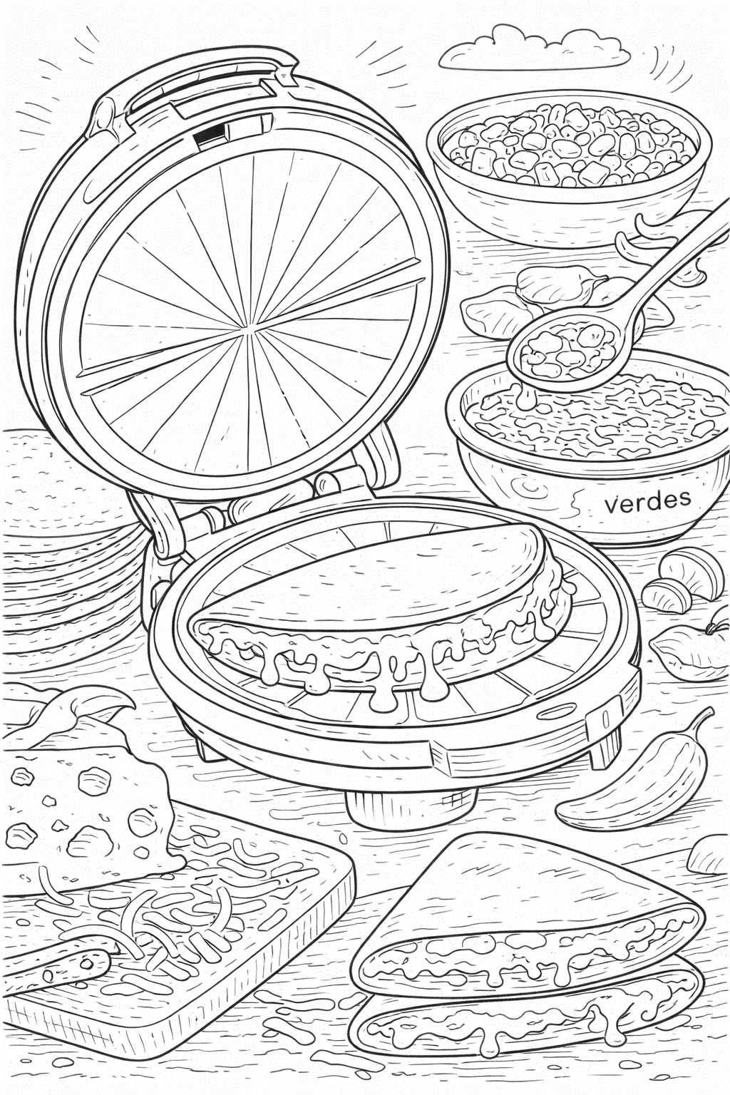 A detailed coloring page showing a quesadilla in a grill, surrounded by ingredients like cheese, bowls of toppings, and vegetables. Kids can color the intricate outlines of the food scene.