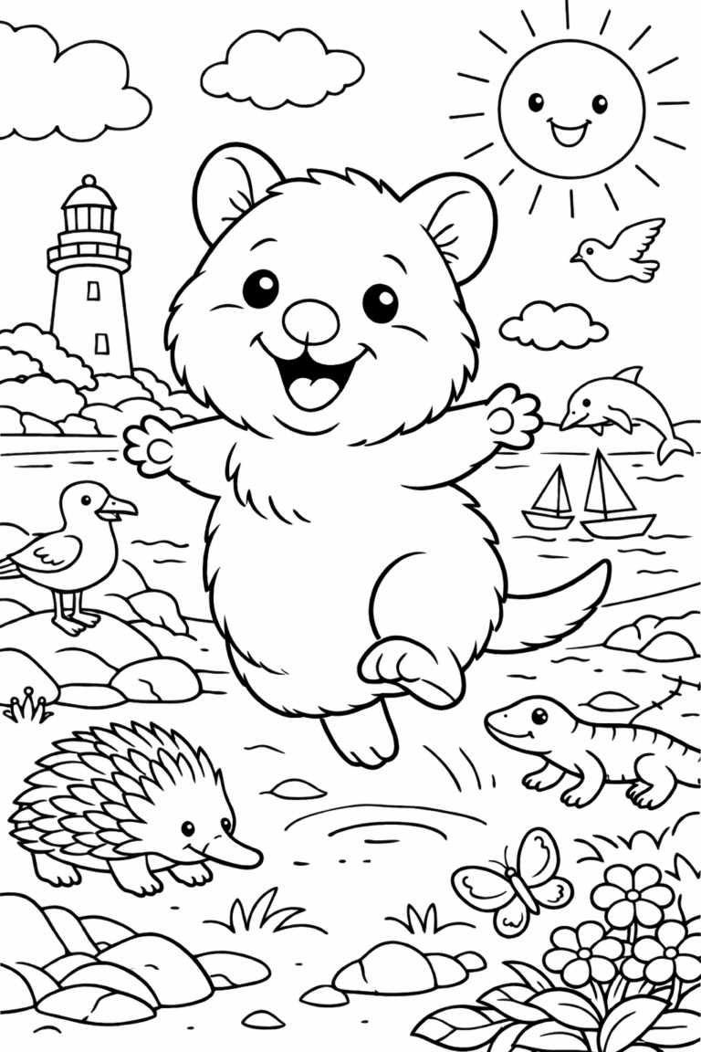 A happy quokka dancing on the beach with a lighthouse, birds, a dolphin, and a smiling sun in the background. Children can color a turtle, hedgehog, butterfly, and sailboats.
