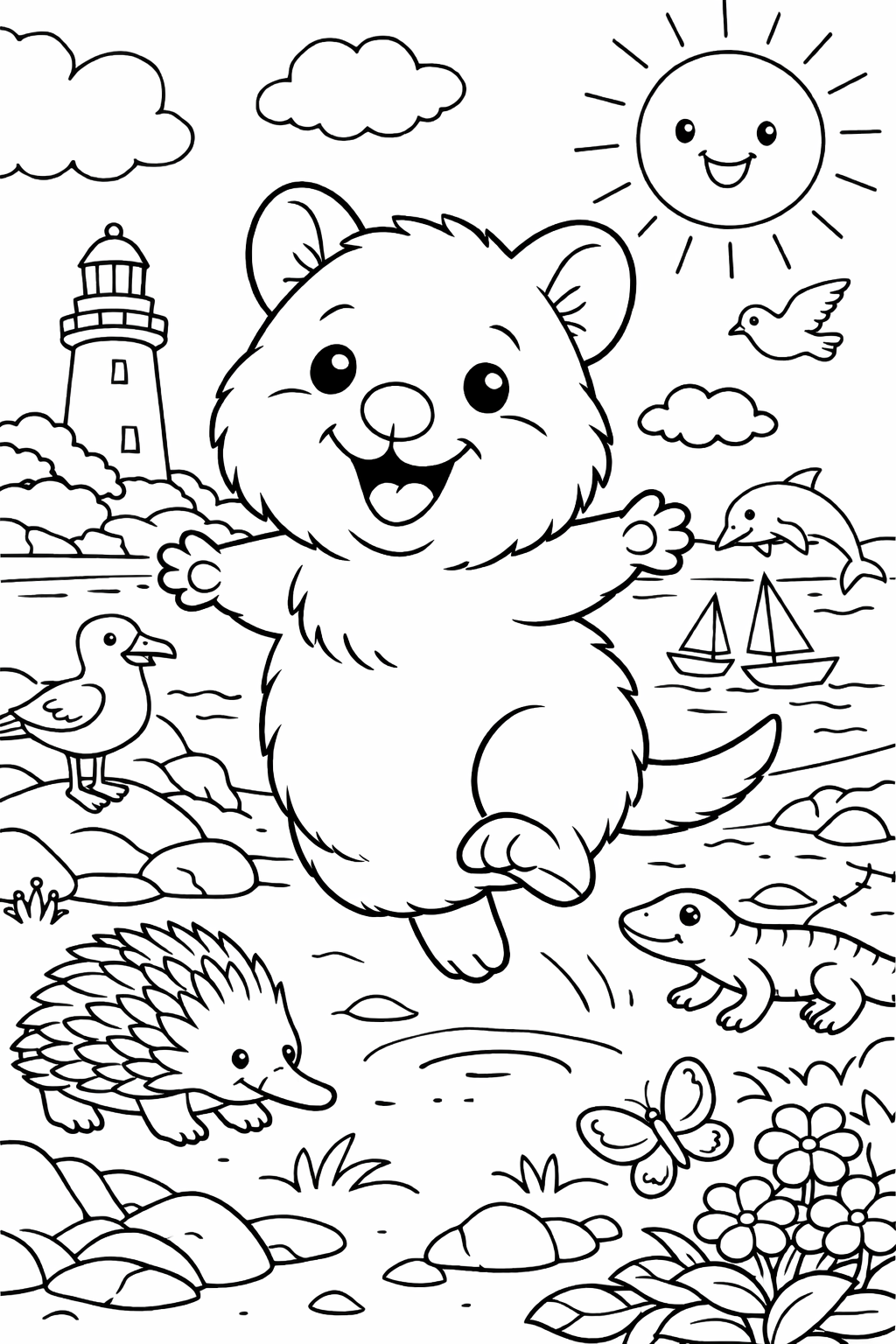 A happy quokka dancing on the beach with a lighthouse, birds, a dolphin, and a smiling sun in the background. Children can color a turtle, hedgehog, butterfly, and sailboats.