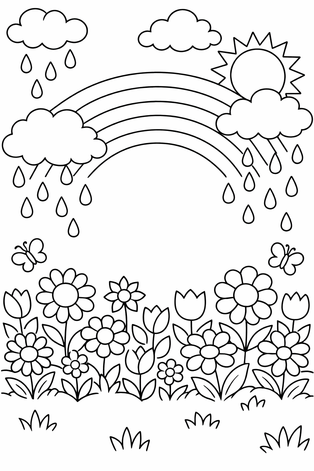Children's coloring page with a rainbow in the sky, clouds, and rain droplets. Below, a garden filled with various flowers and butterflies completes the delightful scene.