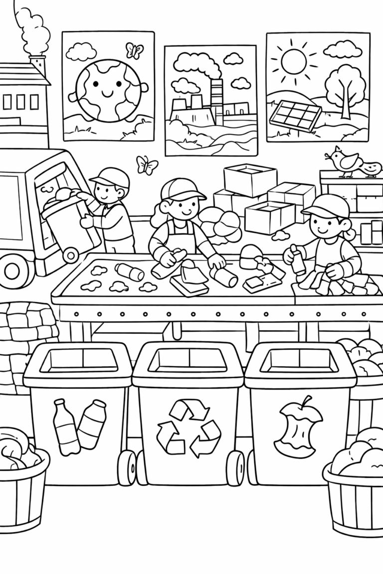 Coloring page showing a recycling activity, with workers sorting materials and labeled bins, aiming to educate kids about eco-friendly practices.