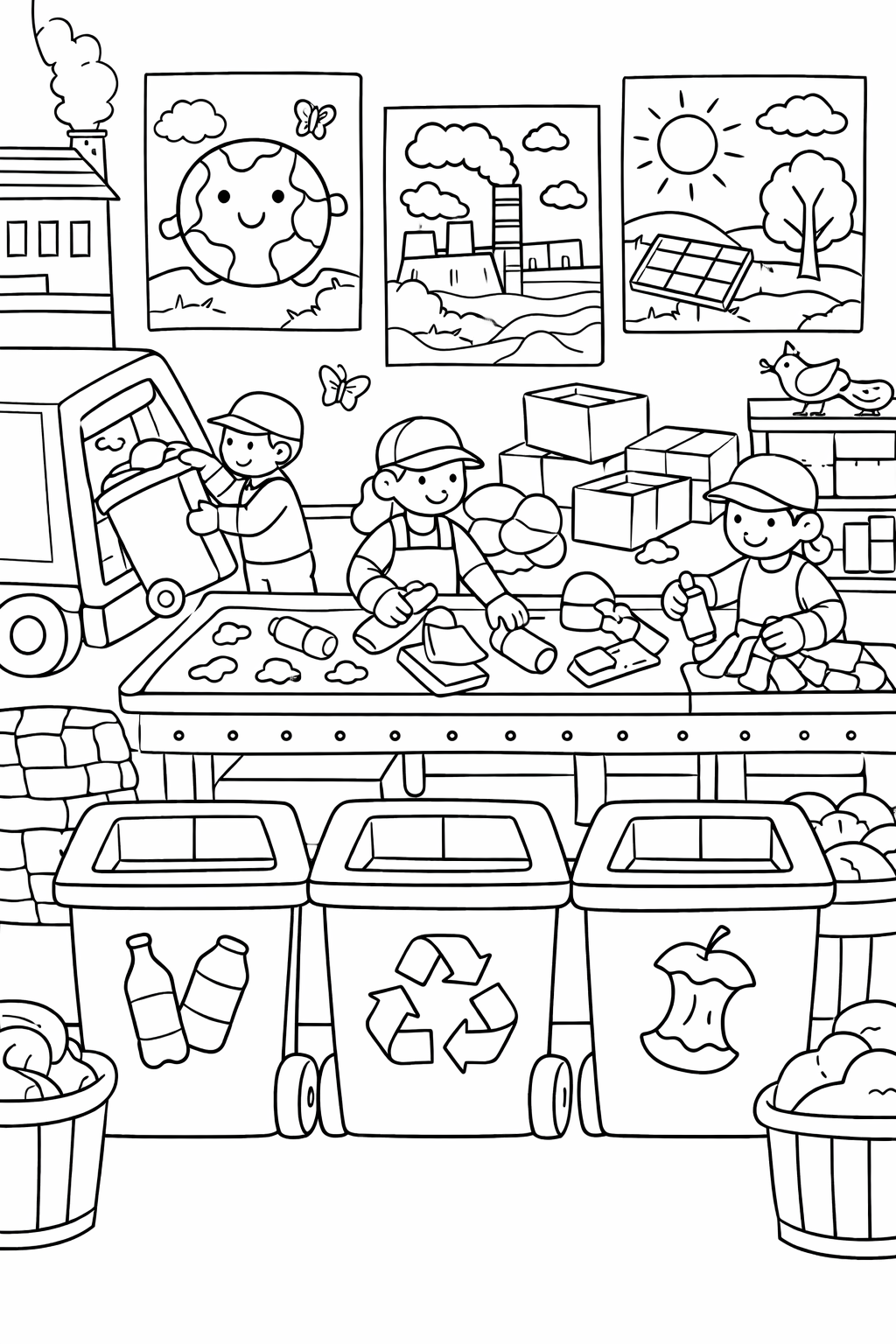 Coloring page showing a recycling activity, with workers sorting materials and labeled bins, aiming to educate kids about eco-friendly practices.