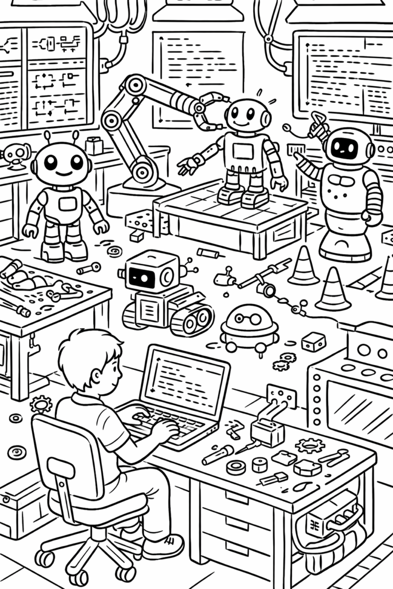 A detailed coloring page showing a robot workshop with joyful robots and a young tech enthusiast working on a laptop, surrounded by tools and machinery, offering a creative activity for children.