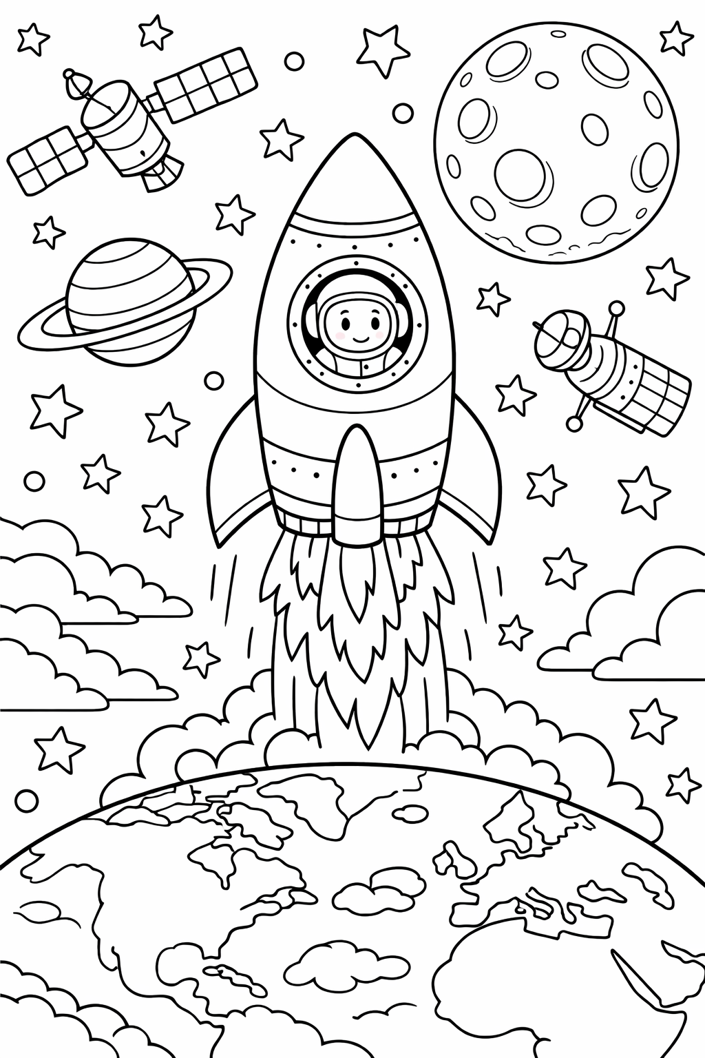 Children's coloring page of a rocket launching into space with an astronaut, surrounded by planets, stars, and satellites. Encourages creativity and exploration of the universe.